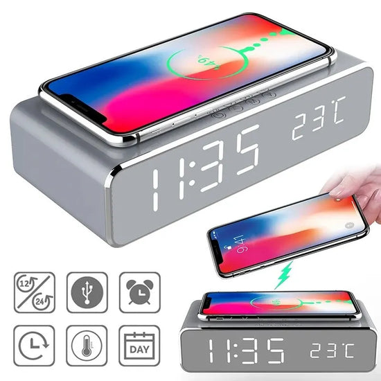 Fast Wireless Charger & LED Alarm Clock with Thermometer